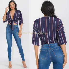 Blue Muliti Stripe Tie Up Crop Shirt
