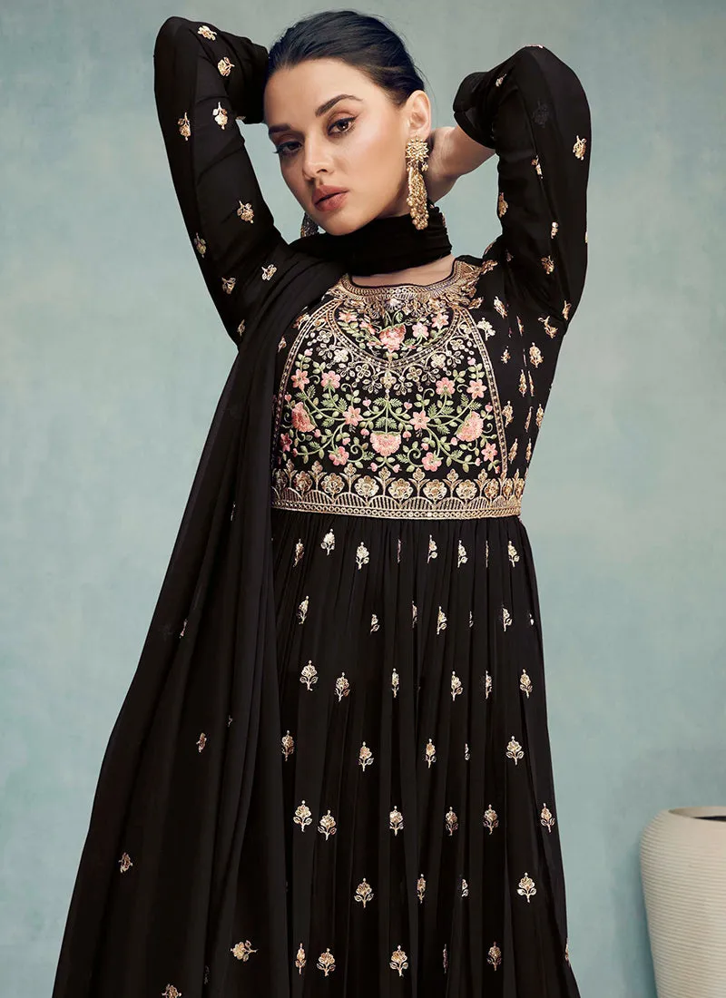 Chocolate Brown Multi Embroidery High Slit Style Palazzo Suit