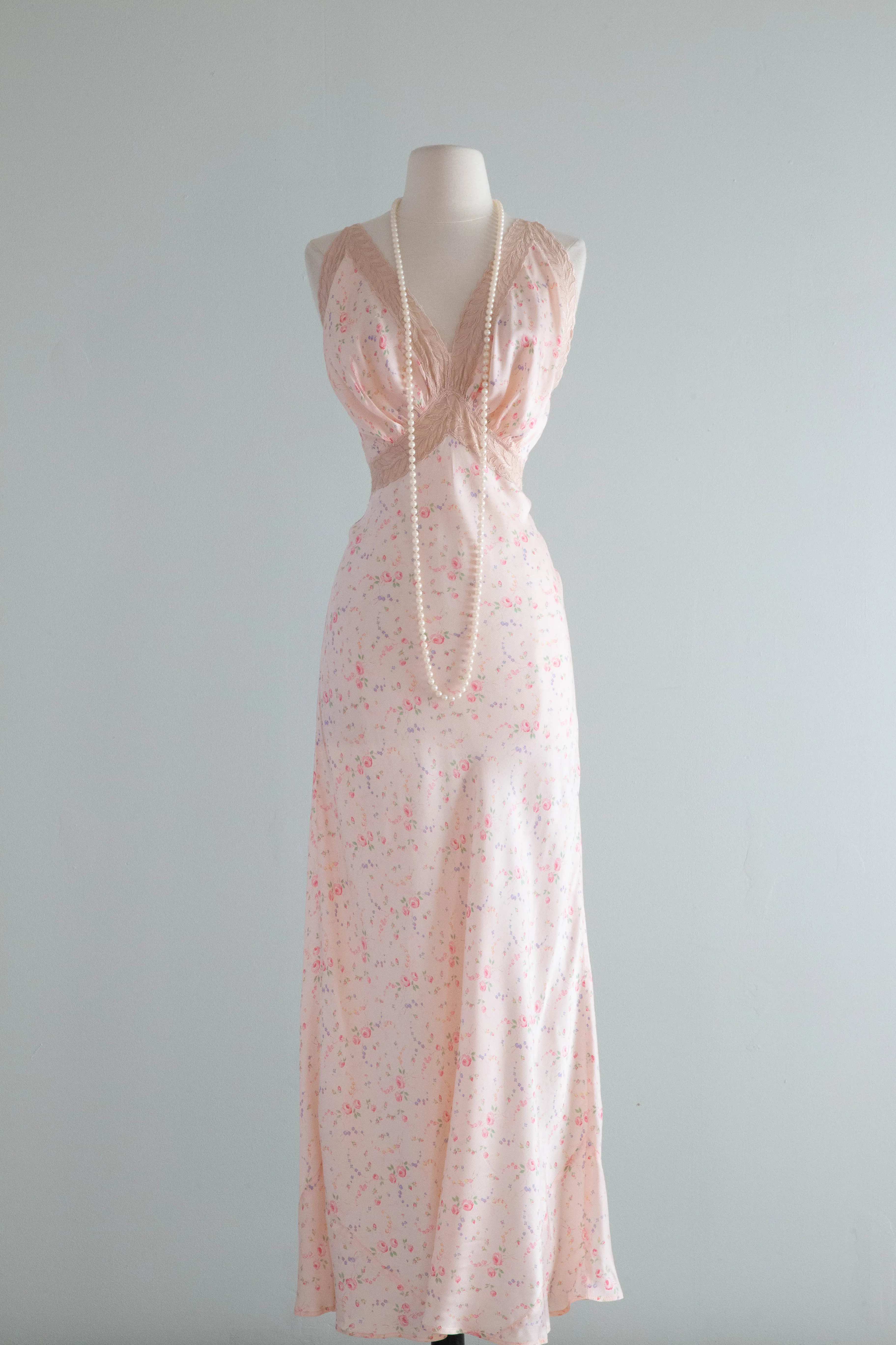 Delicate Rose Print 1930's Bias Cut Slip Dress By Radcliffe / SM