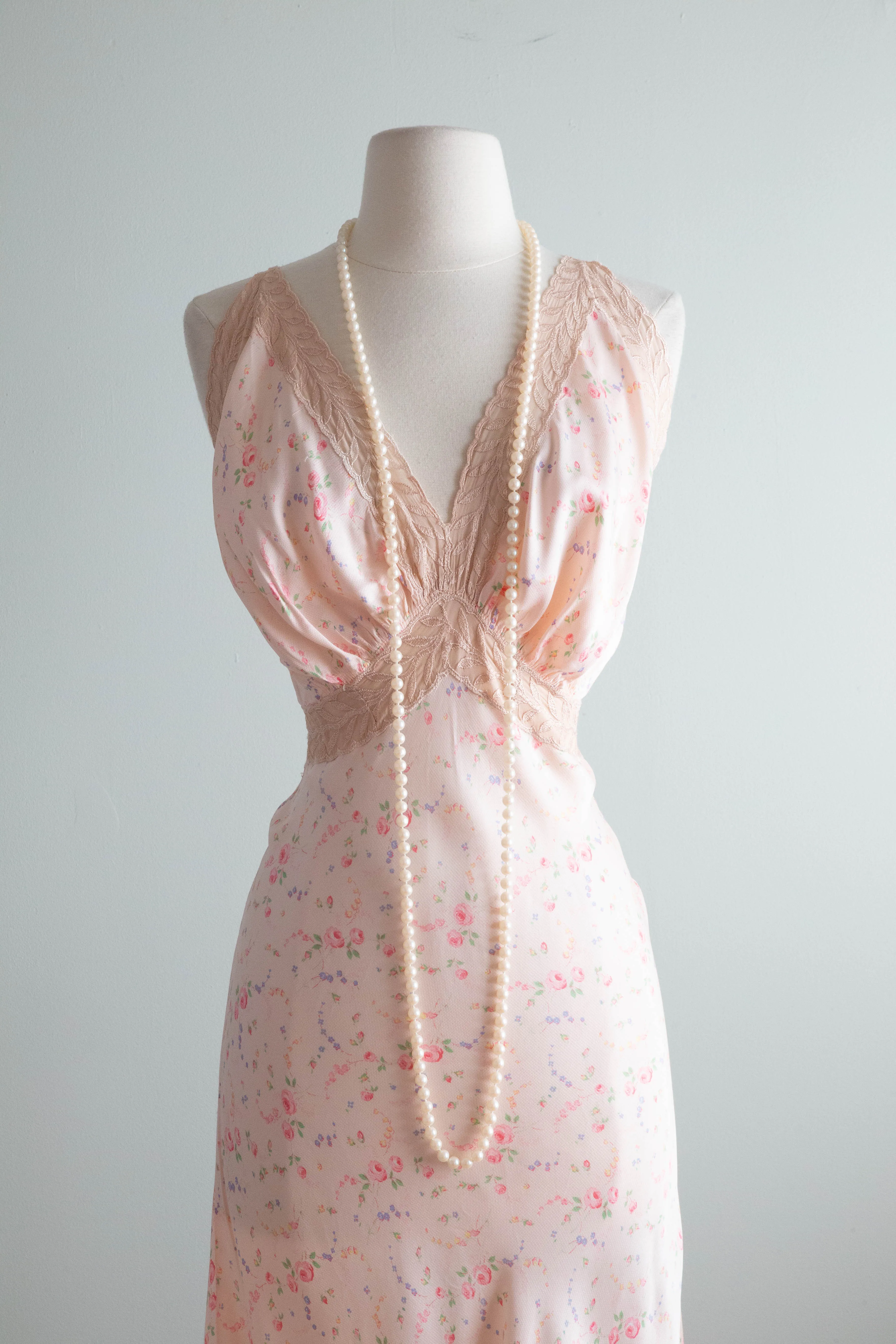 Delicate Rose Print 1930's Bias Cut Slip Dress By Radcliffe / SM