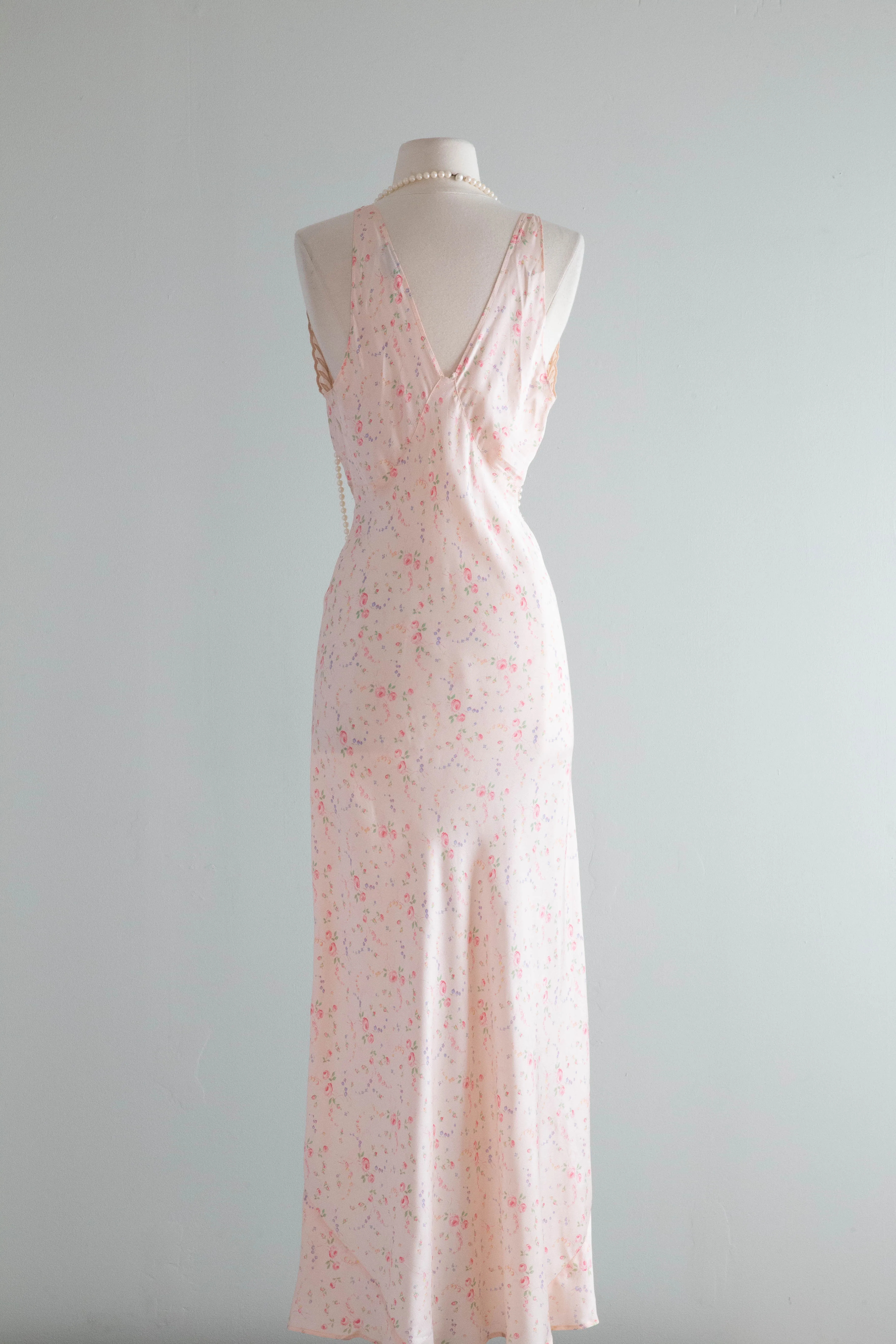 Delicate Rose Print 1930's Bias Cut Slip Dress By Radcliffe / SM