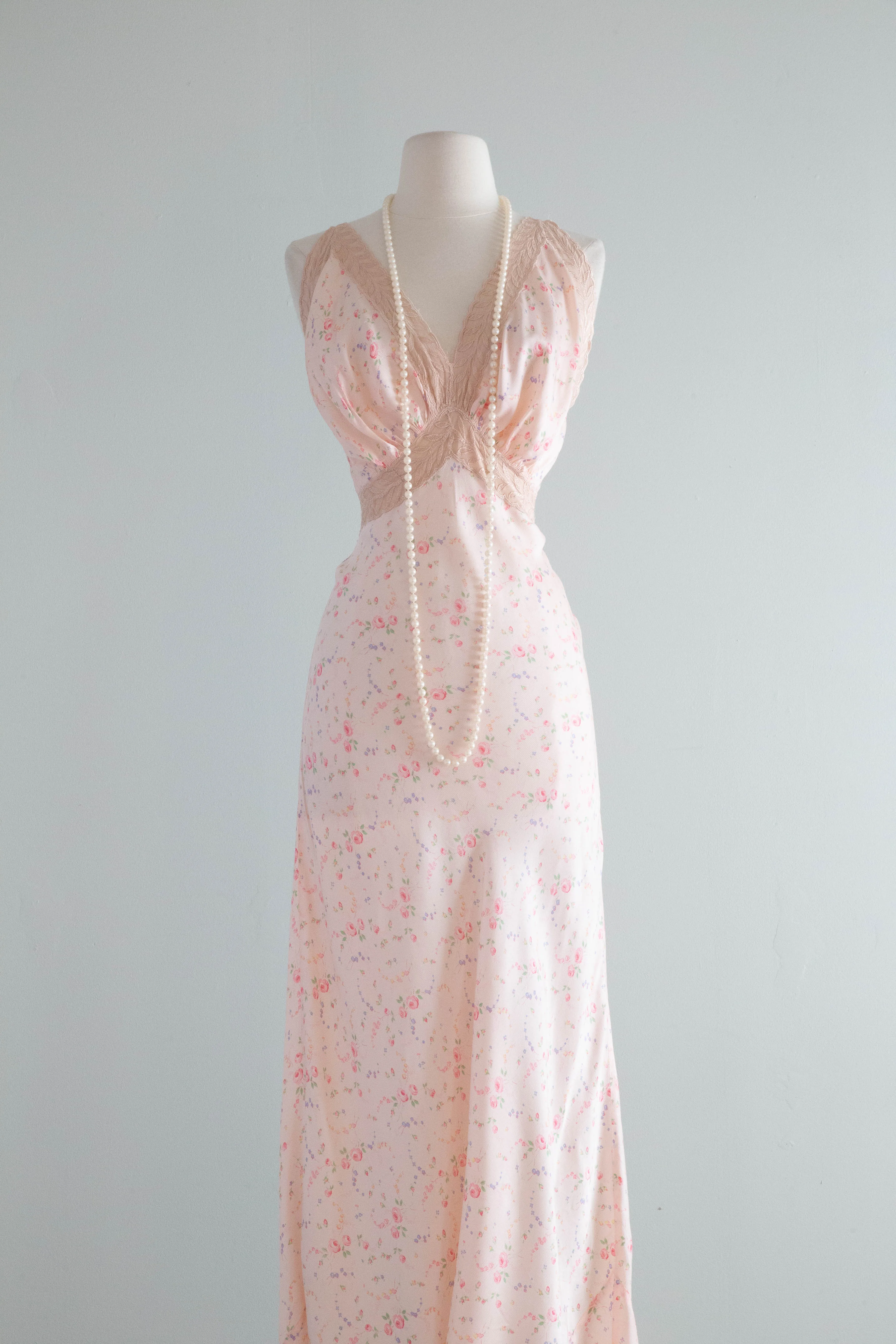 Delicate Rose Print 1930's Bias Cut Slip Dress By Radcliffe / SM