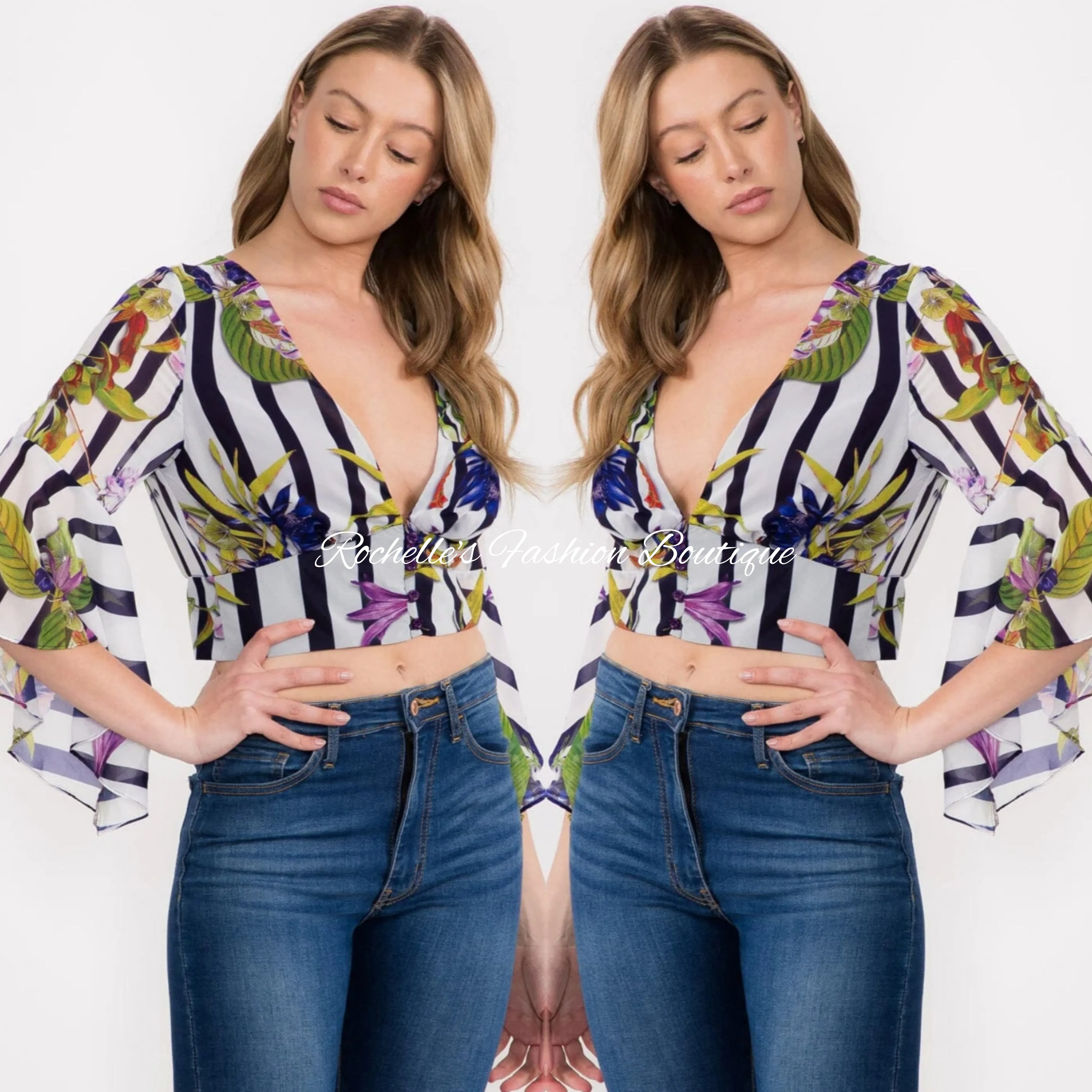 Flora Blk & Wht 3/4 V Neck