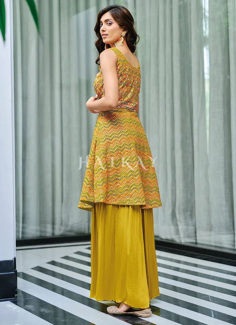 Mustard Yellow Embroidered Georgette Gharara Suit