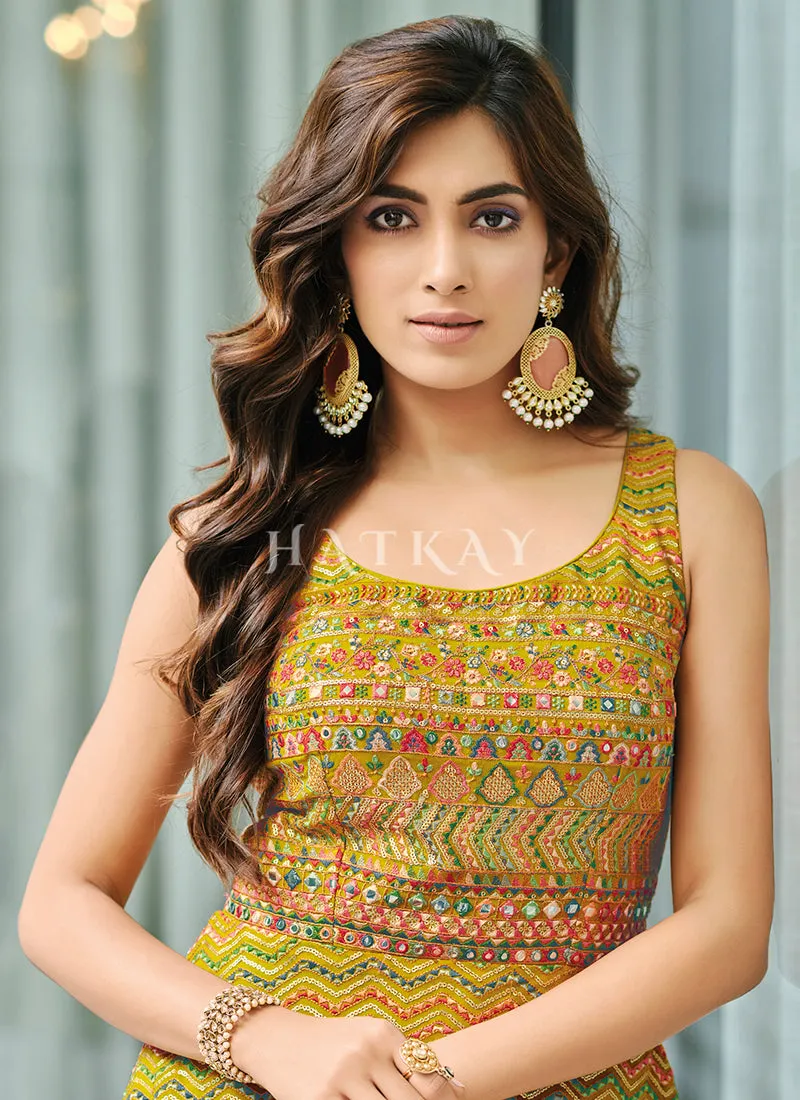 Mustard Yellow Embroidered Georgette Gharara Suit
