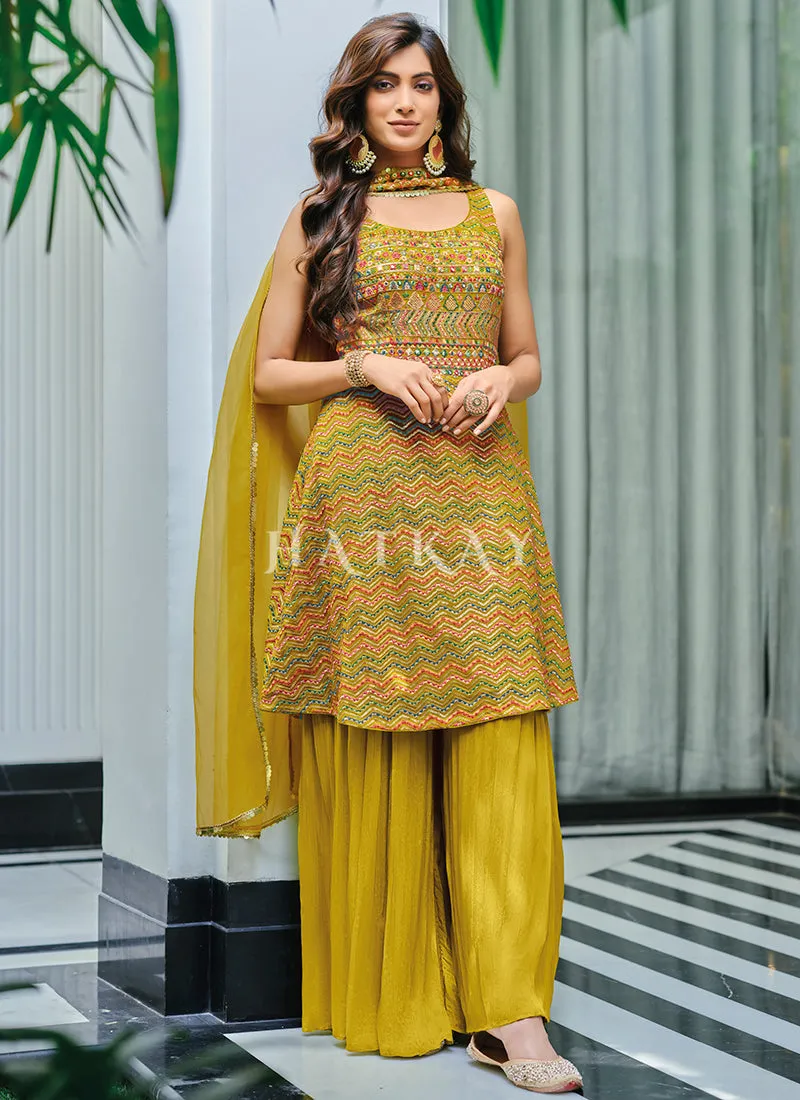 Mustard Yellow Embroidered Georgette Gharara Suit