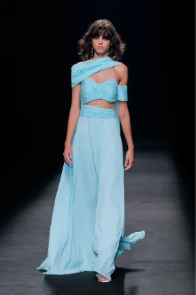 Pleated Crop Top with A-line Flared Skirt