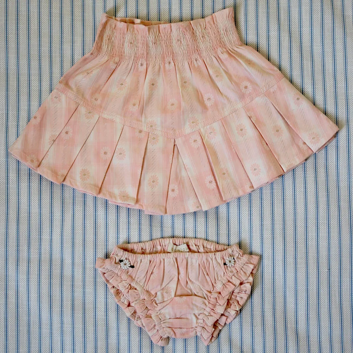 Pleated Skirt and Panty Set in Pink Jacquard Flower Check by Bonjour