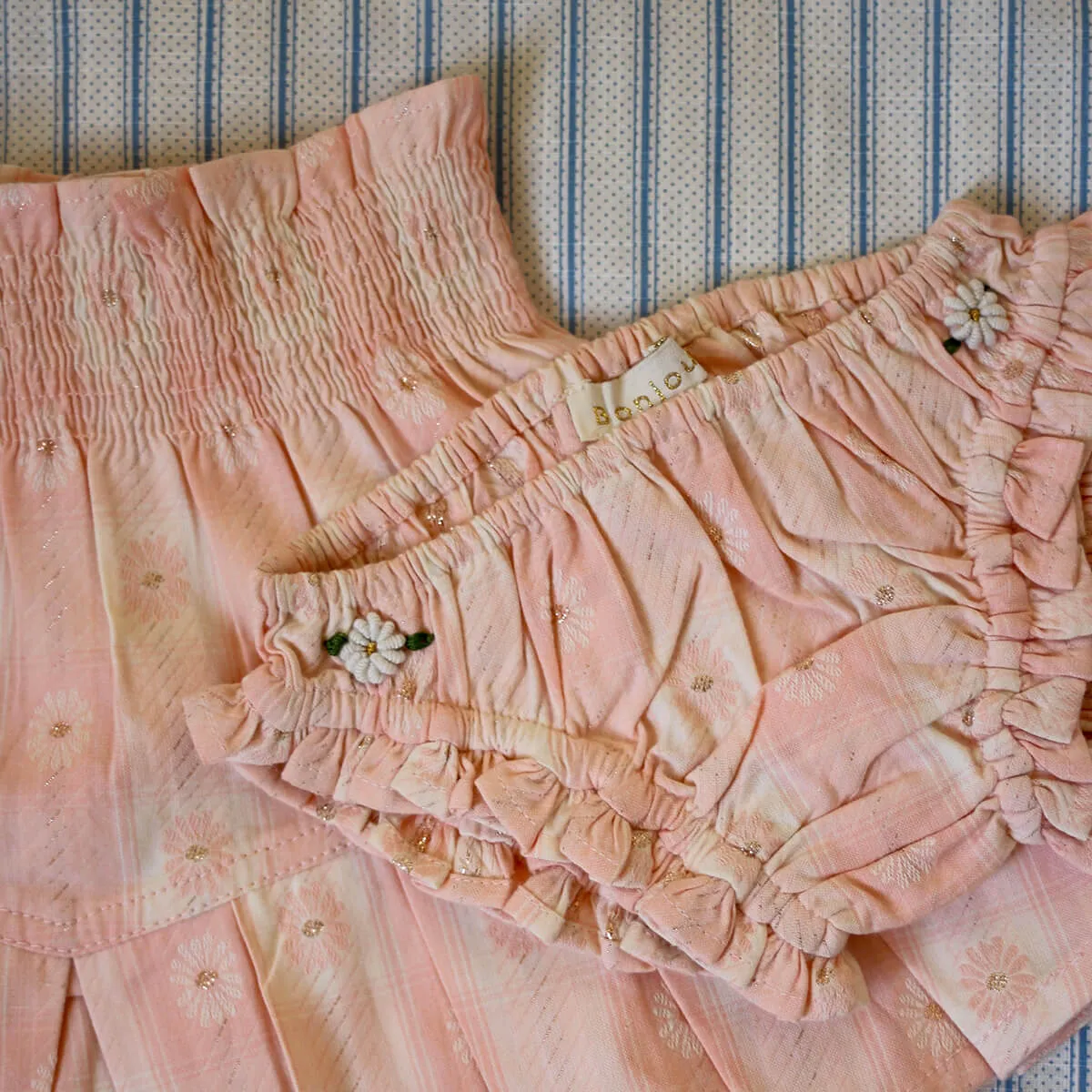 Pleated Skirt and Panty Set in Pink Jacquard Flower Check by Bonjour