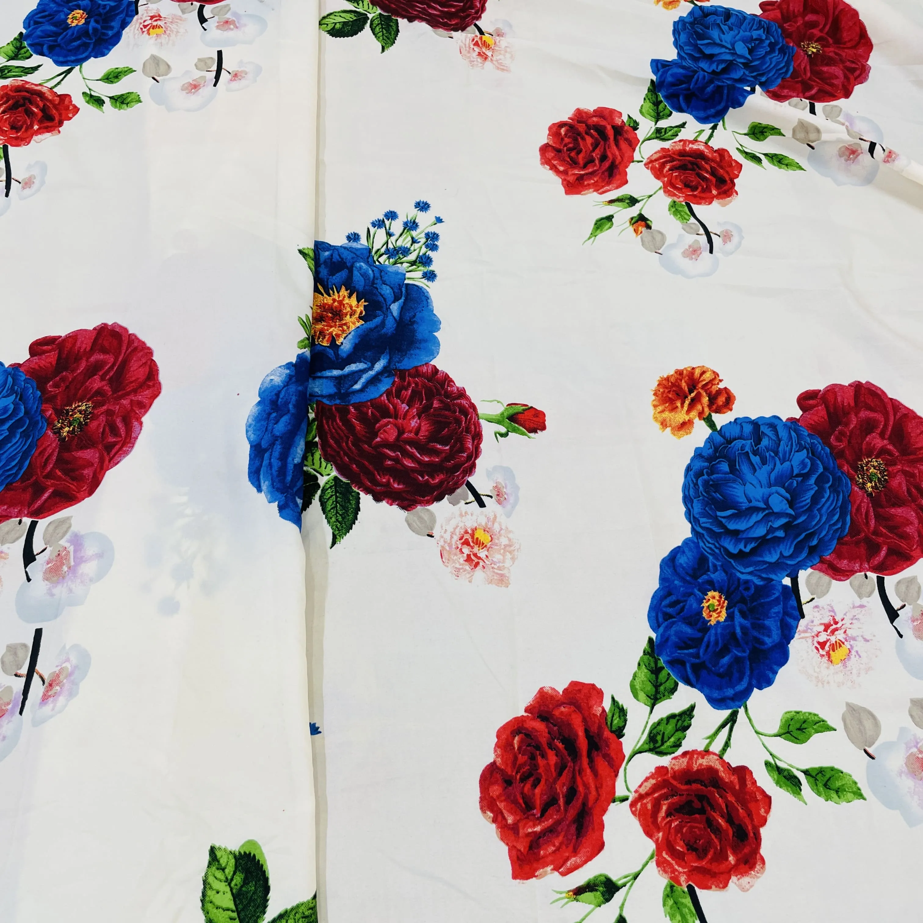 Premium Cream Multicolor Floral Print Satin Fabric