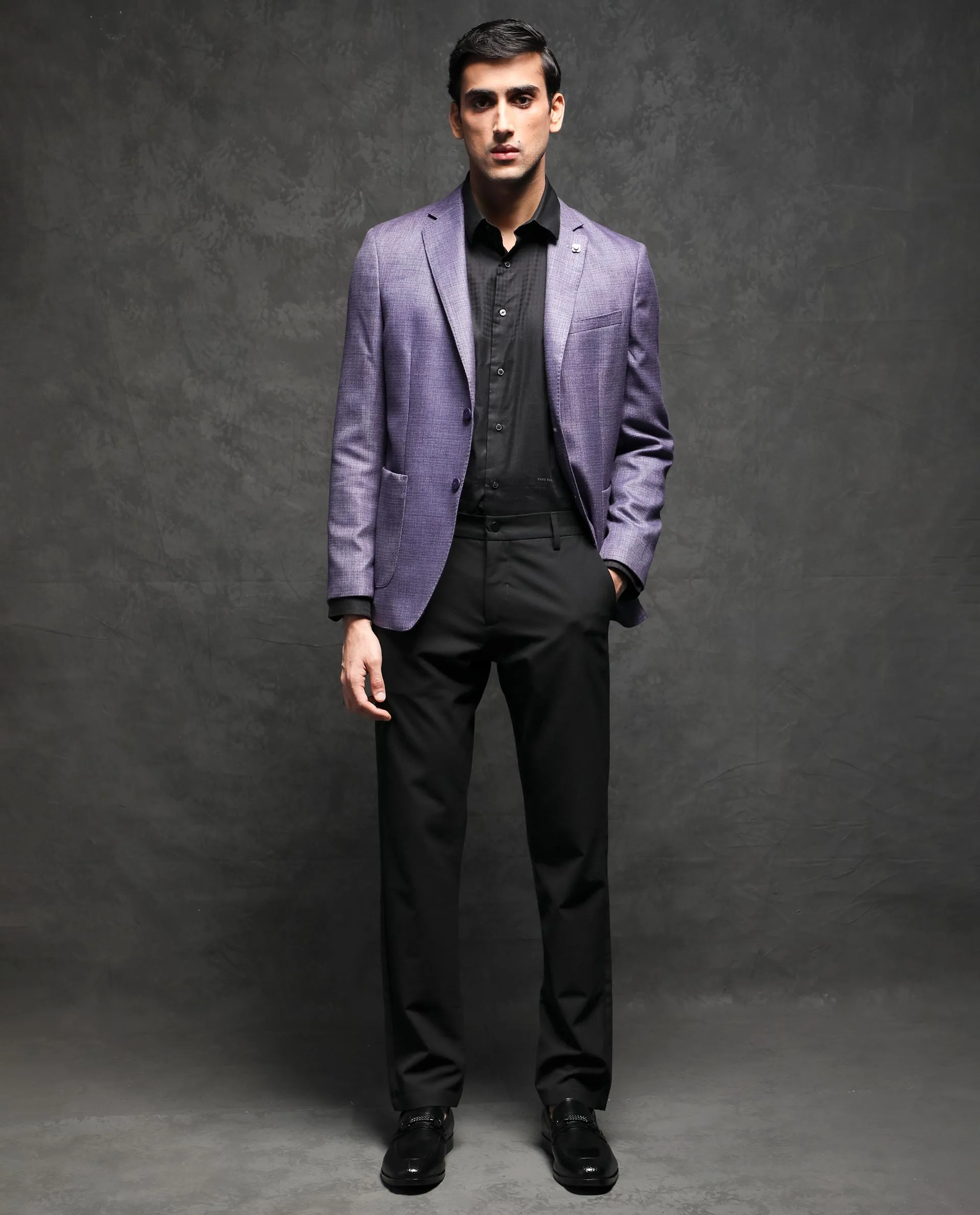Rare Rabbit Men's Drew Purple Polyester Viscose Fabric Notch Lapel Single Breasted Tailored Fit Textured Blazer