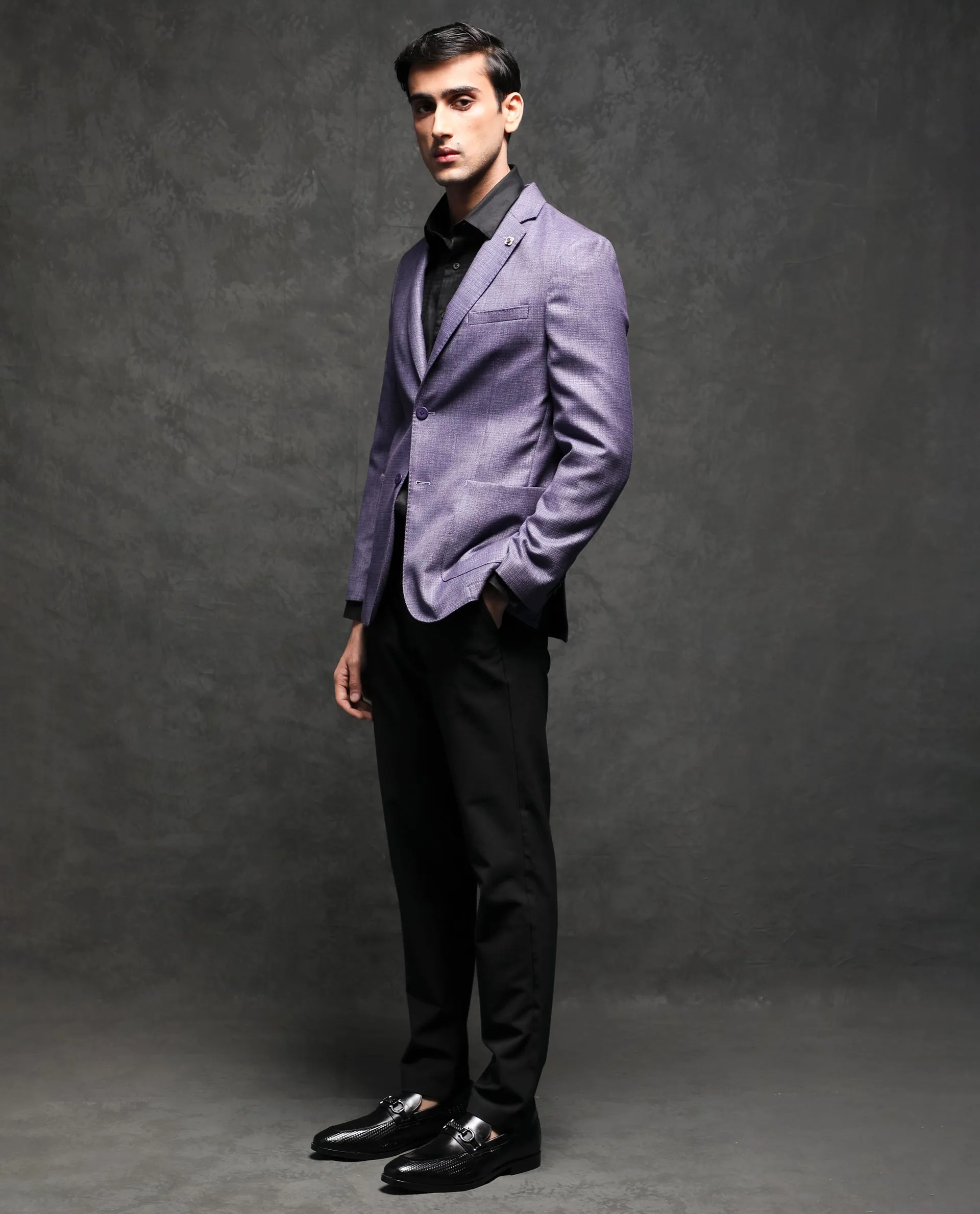 Rare Rabbit Men's Drew Purple Polyester Viscose Fabric Notch Lapel Single Breasted Tailored Fit Textured Blazer