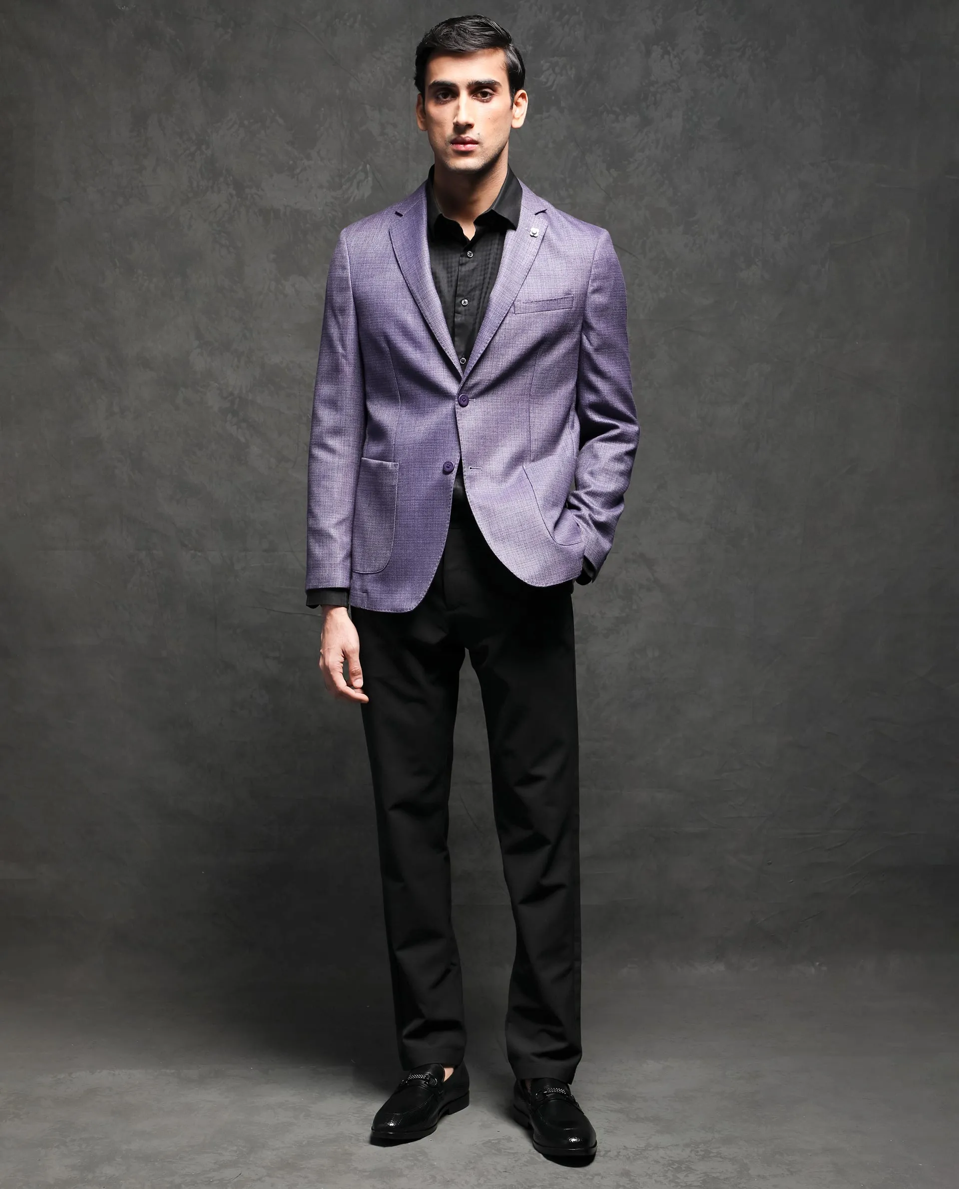 Rare Rabbit Men's Drew Purple Polyester Viscose Fabric Notch Lapel Single Breasted Tailored Fit Textured Blazer