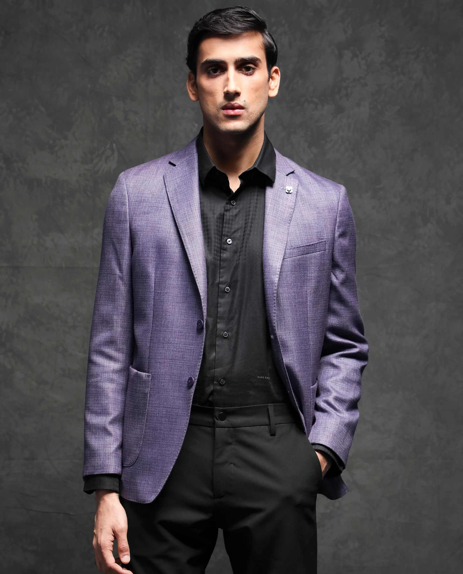 Rare Rabbit Men's Drew Purple Polyester Viscose Fabric Notch Lapel Single Breasted Tailored Fit Textured Blazer