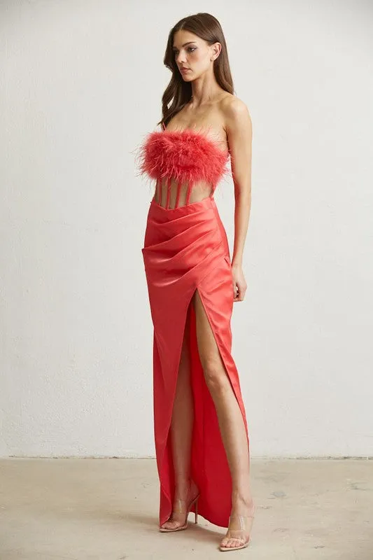 Red Feather Trim Corset Satin Dress