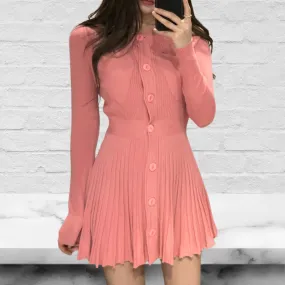 Ribbed Long Sleeve Round Neck Button Down Pleated Dress