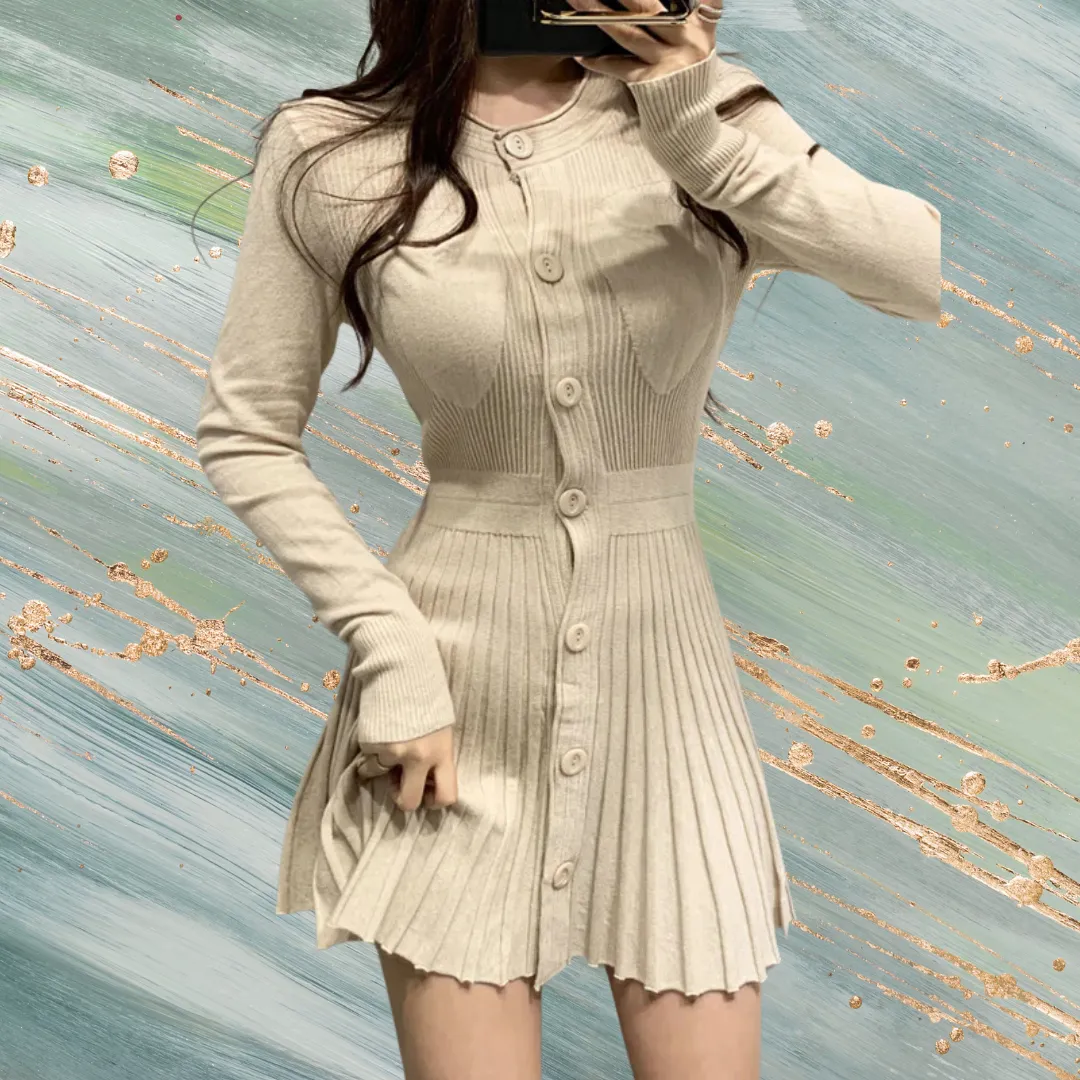 Ribbed Long Sleeve Round Neck Button Down Pleated Dress