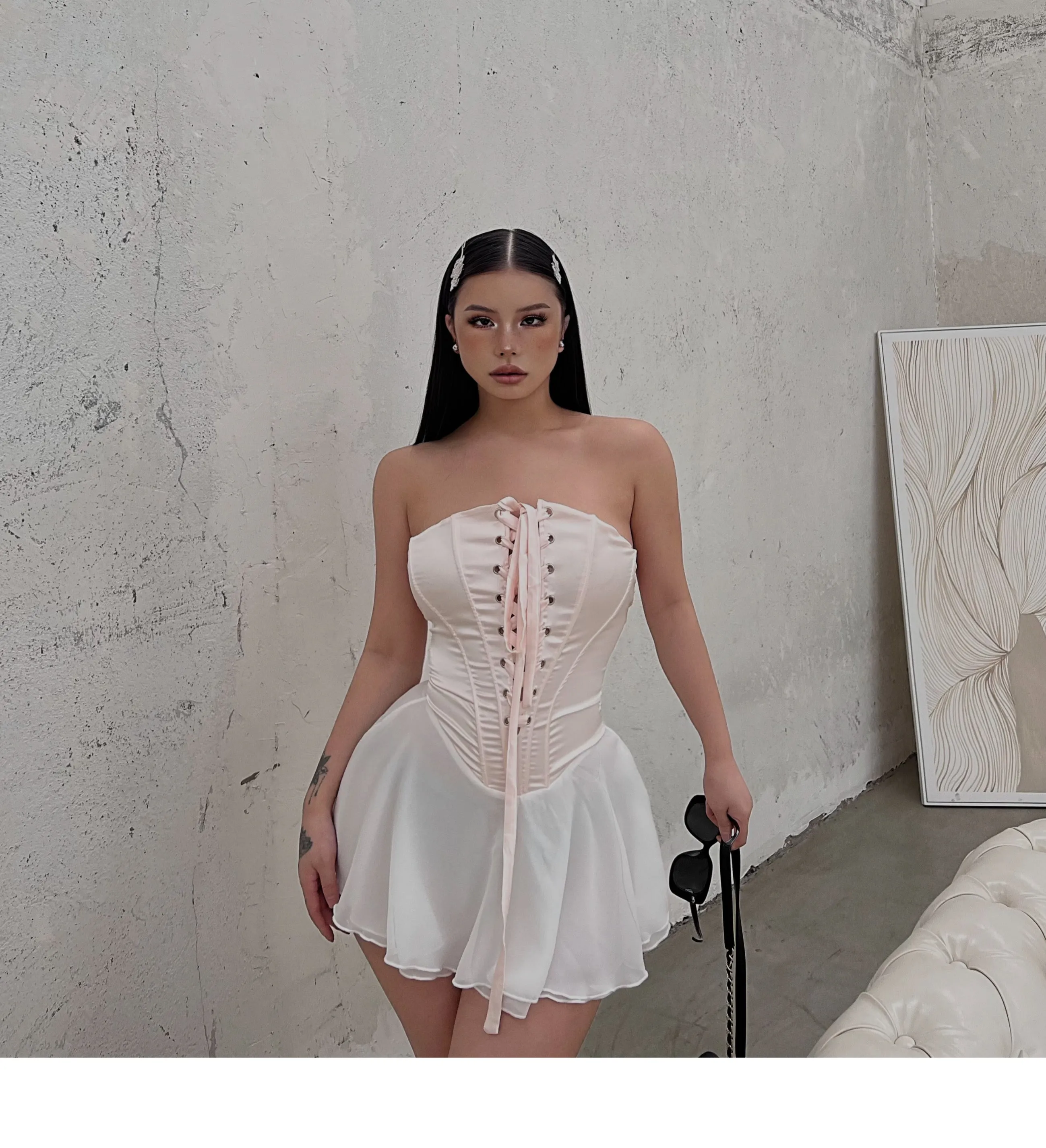SYNEZ Sweet Lace-up Fishbone Corset Panel Short Skirt Dress Set