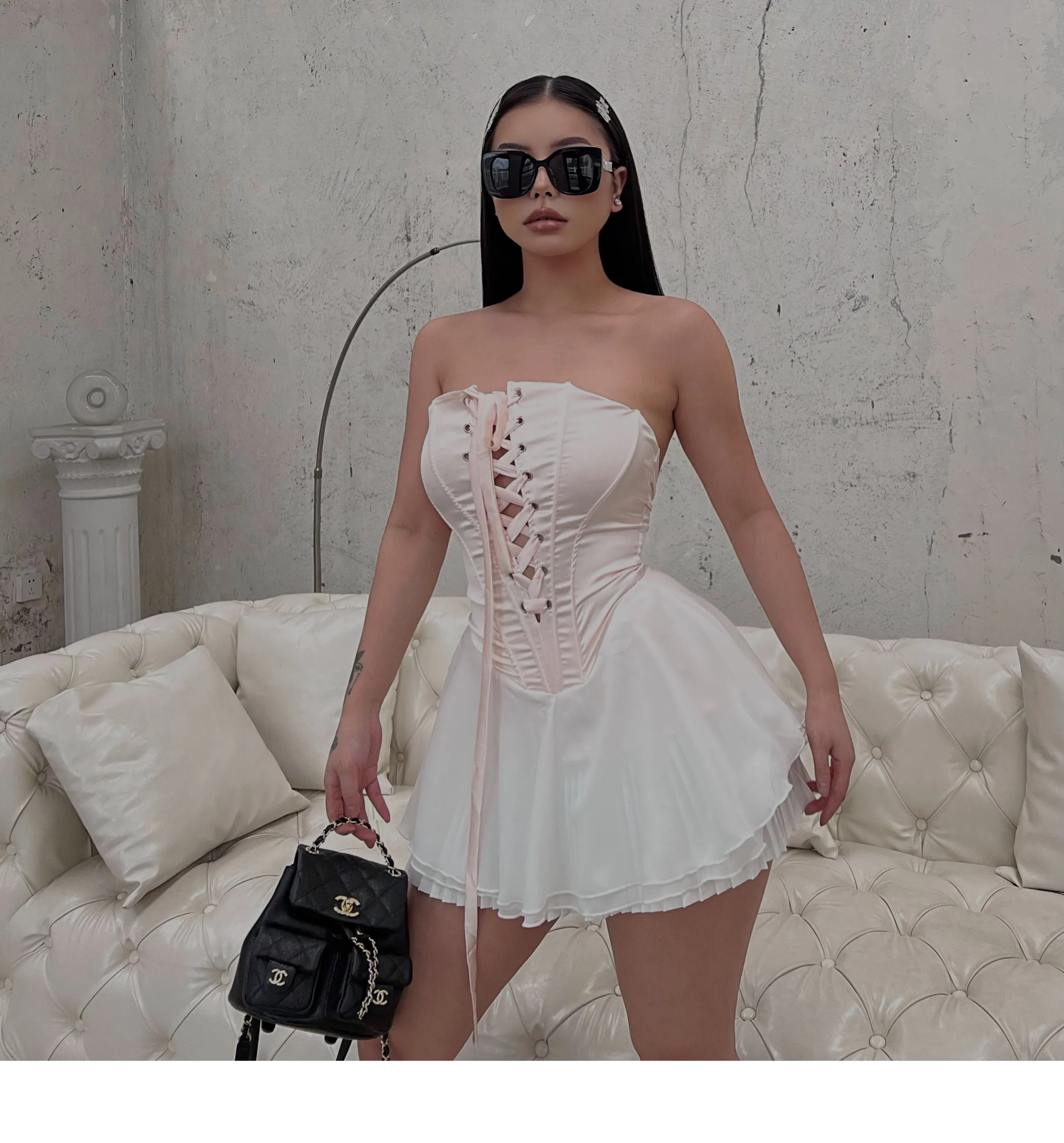 SYNEZ Sweet Lace-up Fishbone Corset Panel Short Skirt Dress Set