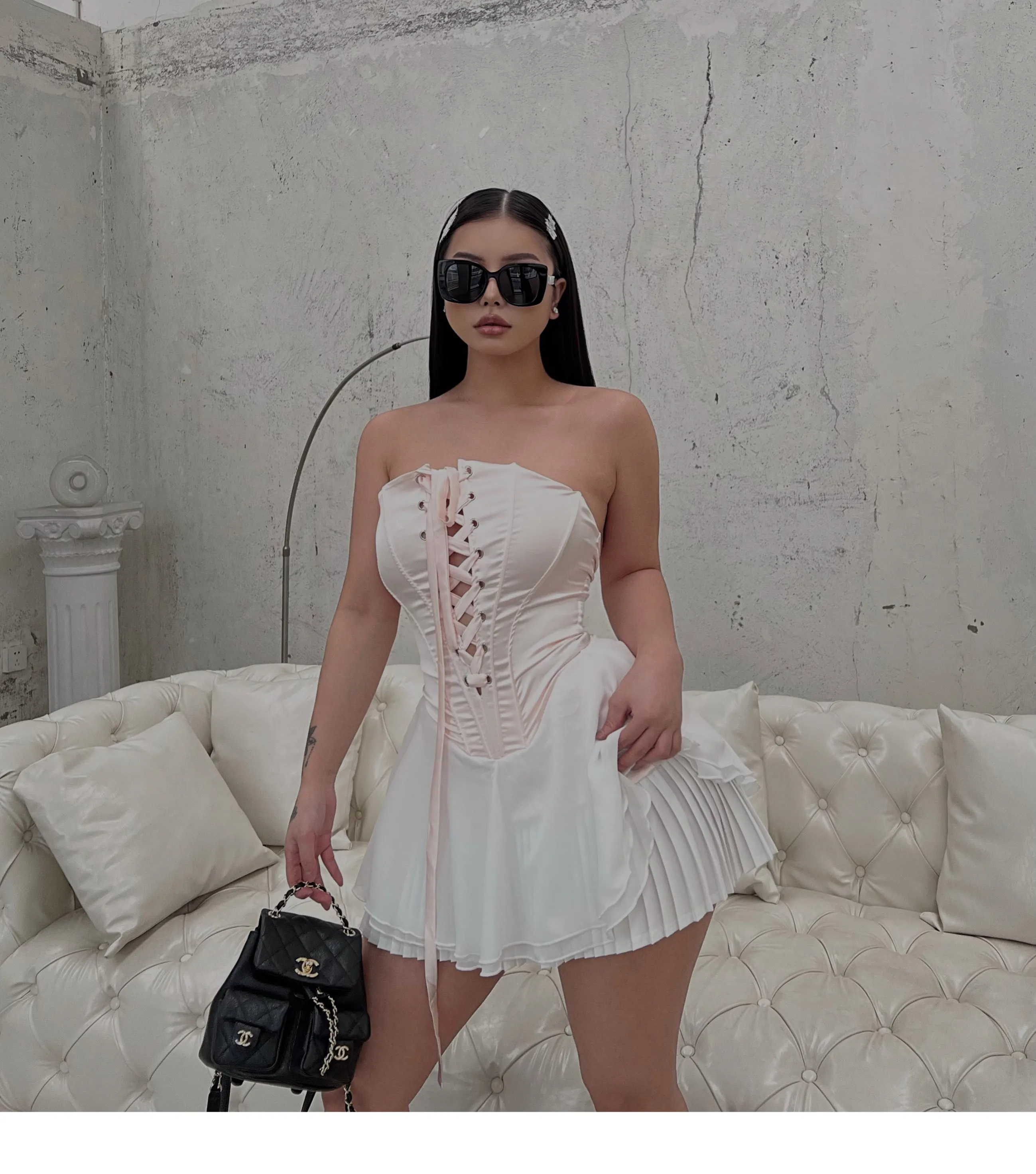SYNEZ Sweet Lace-up Fishbone Corset Panel Short Skirt Dress Set