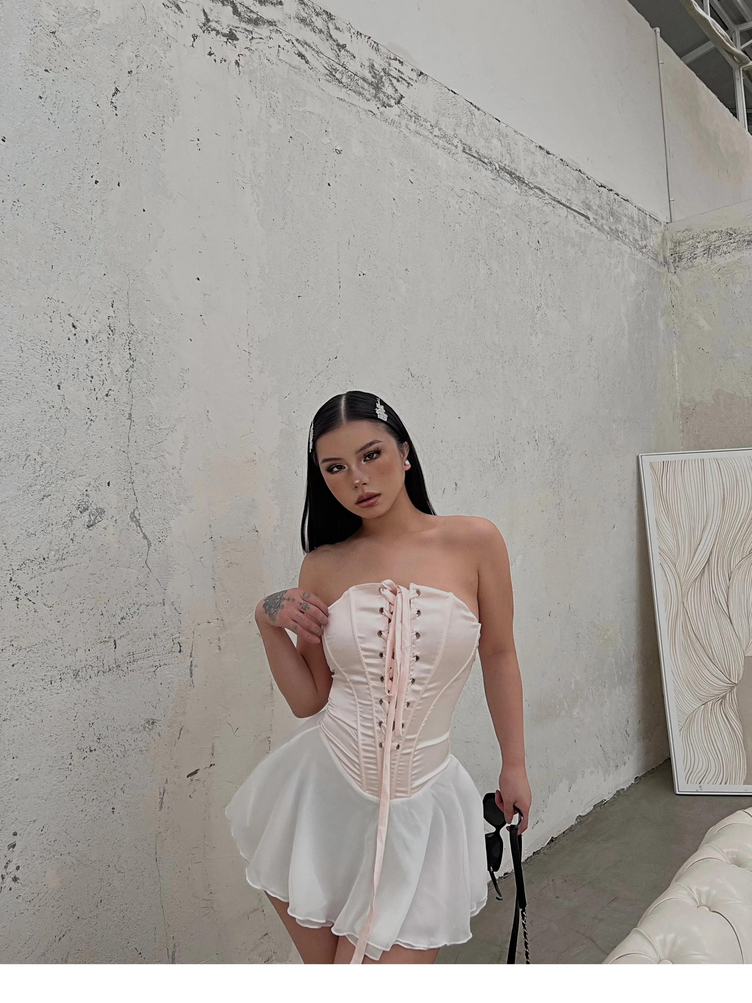 SYNEZ Sweet Lace-up Fishbone Corset Panel Short Skirt Dress Set