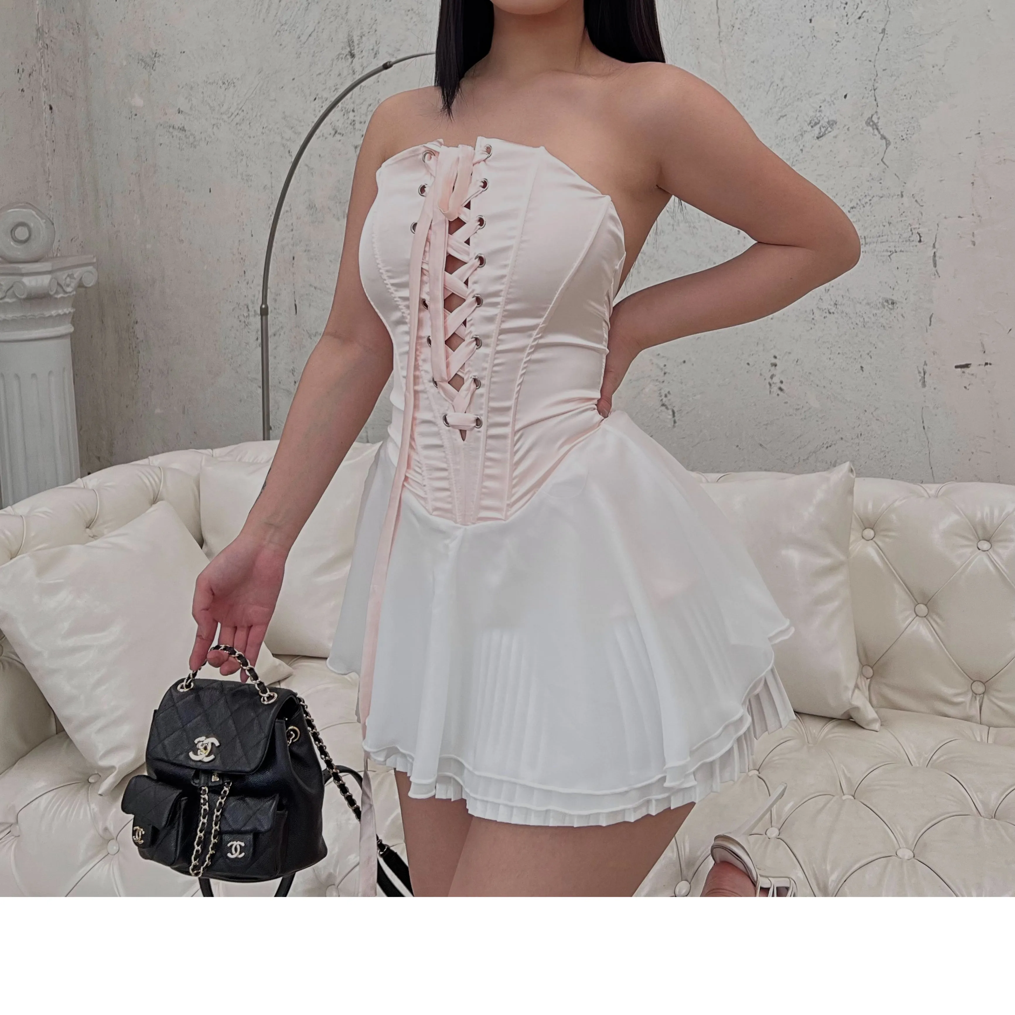 SYNEZ Sweet Lace-up Fishbone Corset Panel Short Skirt Dress Set
