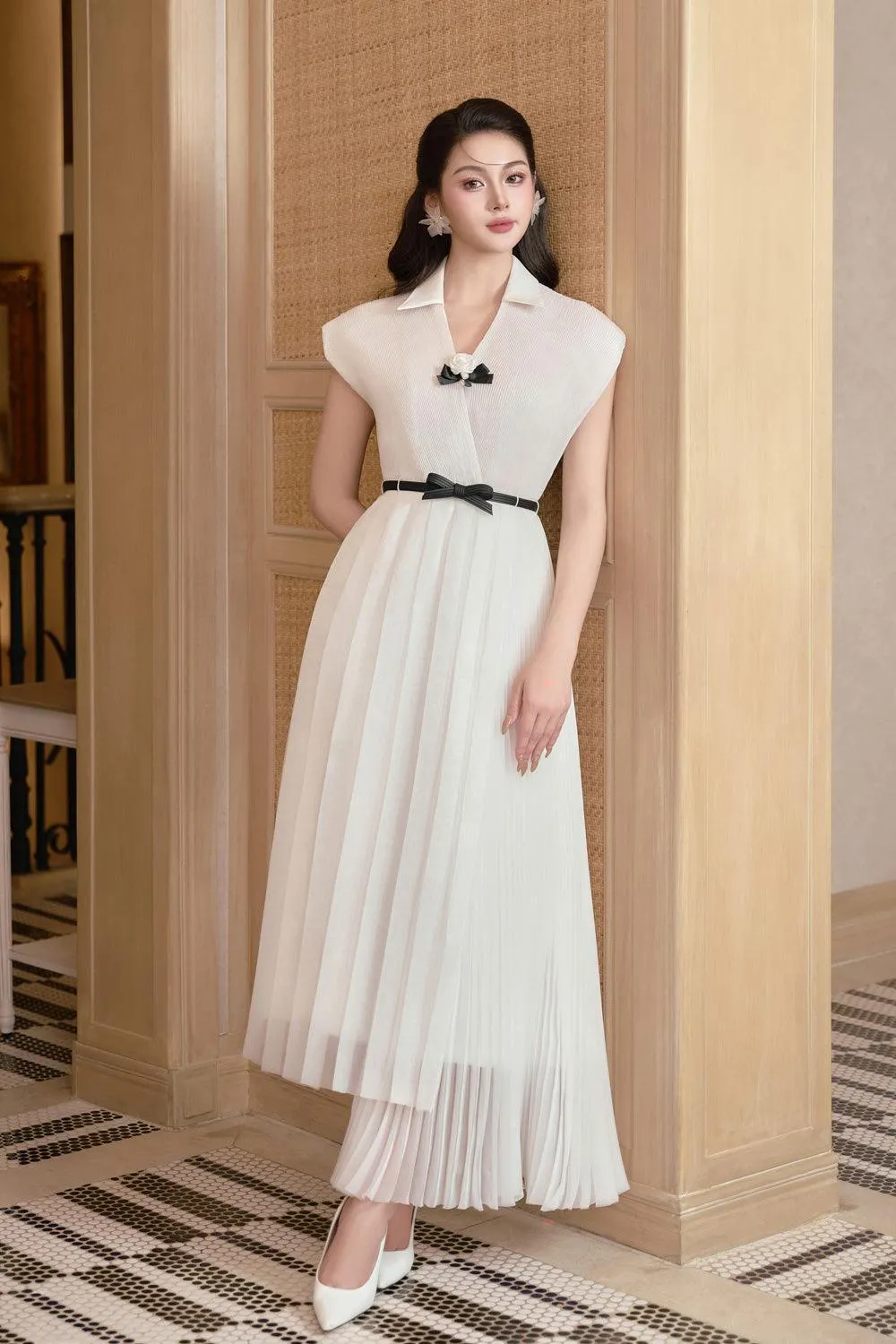 Tina Asymmetric Pleated Foam Ankle Length Dress