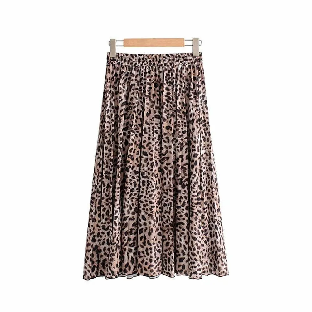 Wjczt Vintage Leopard Print Pleated Skirts Women Punk Rock Korean Skirt Streetwear Drawstring Elastic Waist Ladies Midi Skirt New