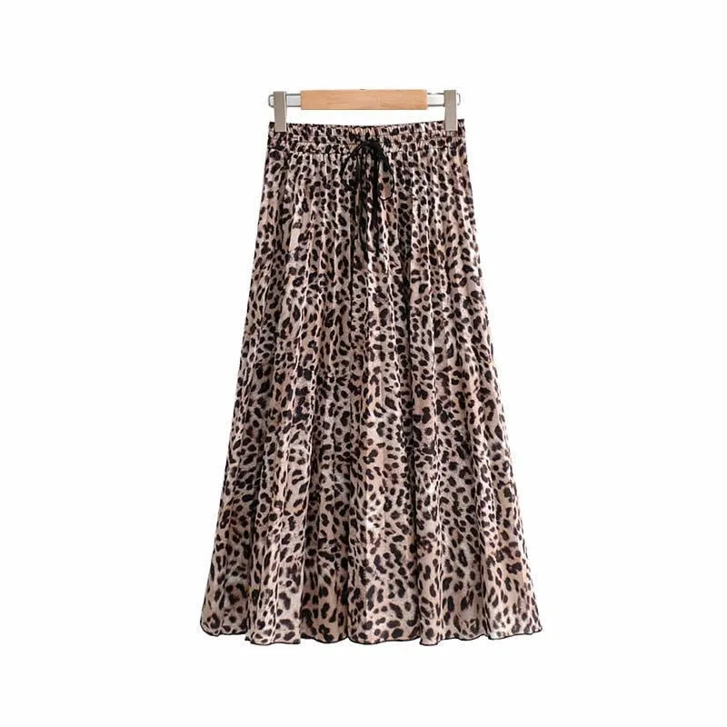 Wjczt Vintage Leopard Print Pleated Skirts Women Punk Rock Korean Skirt Streetwear Drawstring Elastic Waist Ladies Midi Skirt New
