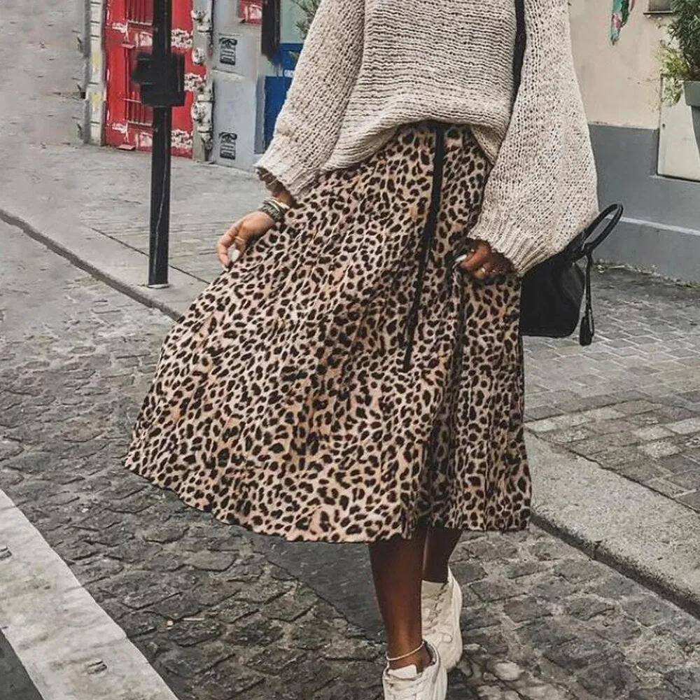 Wjczt Vintage Leopard Print Pleated Skirts Women Punk Rock Korean Skirt Streetwear Drawstring Elastic Waist Ladies Midi Skirt New