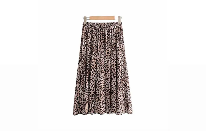 Wjczt Vintage Leopard Print Pleated Skirts Women Punk Rock Korean Skirt Streetwear Drawstring Elastic Waist Ladies Midi Skirt New