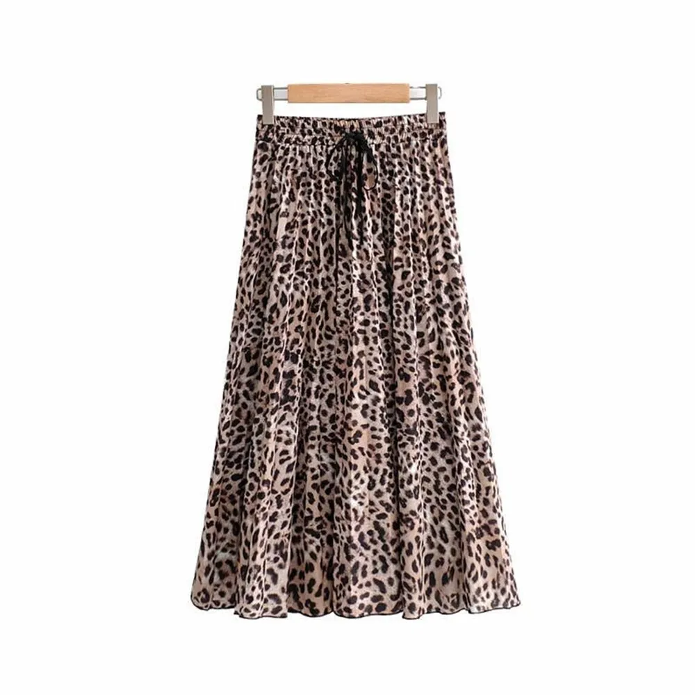 Wjczt Vintage Leopard Print Pleated Skirts Women Punk Rock Korean Skirt Streetwear Drawstring Elastic Waist Ladies Midi Skirt New