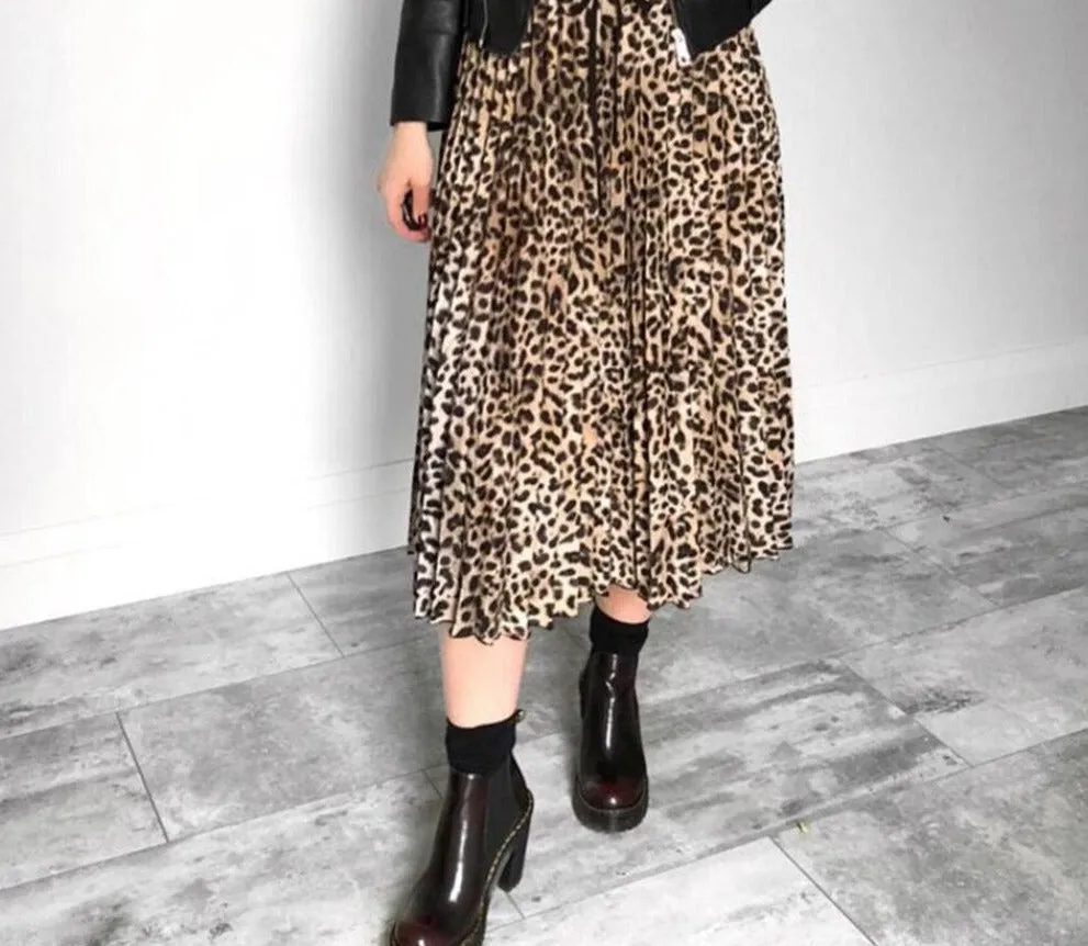 Wjczt Vintage Leopard Print Pleated Skirts Women Punk Rock Korean Skirt Streetwear Drawstring Elastic Waist Ladies Midi Skirt New