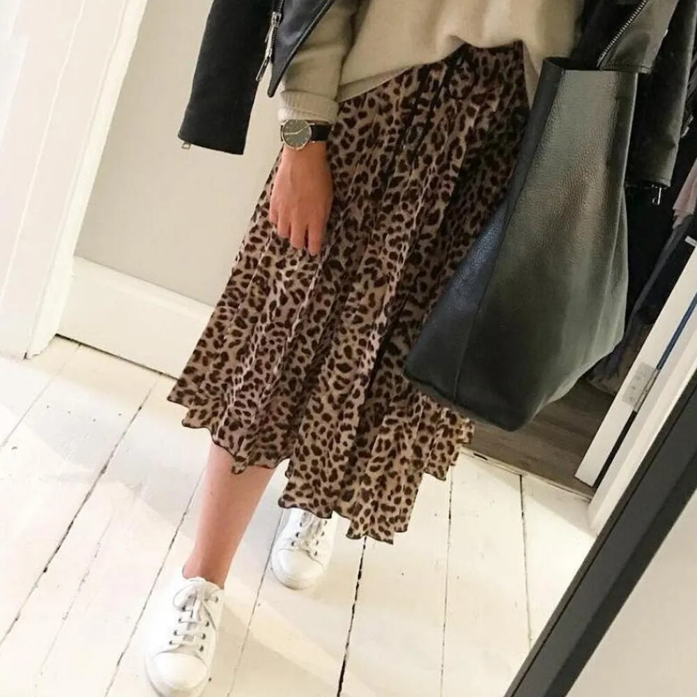 Wjczt Vintage Leopard Print Pleated Skirts Women Punk Rock Korean Skirt Streetwear Drawstring Elastic Waist Ladies Midi Skirt New