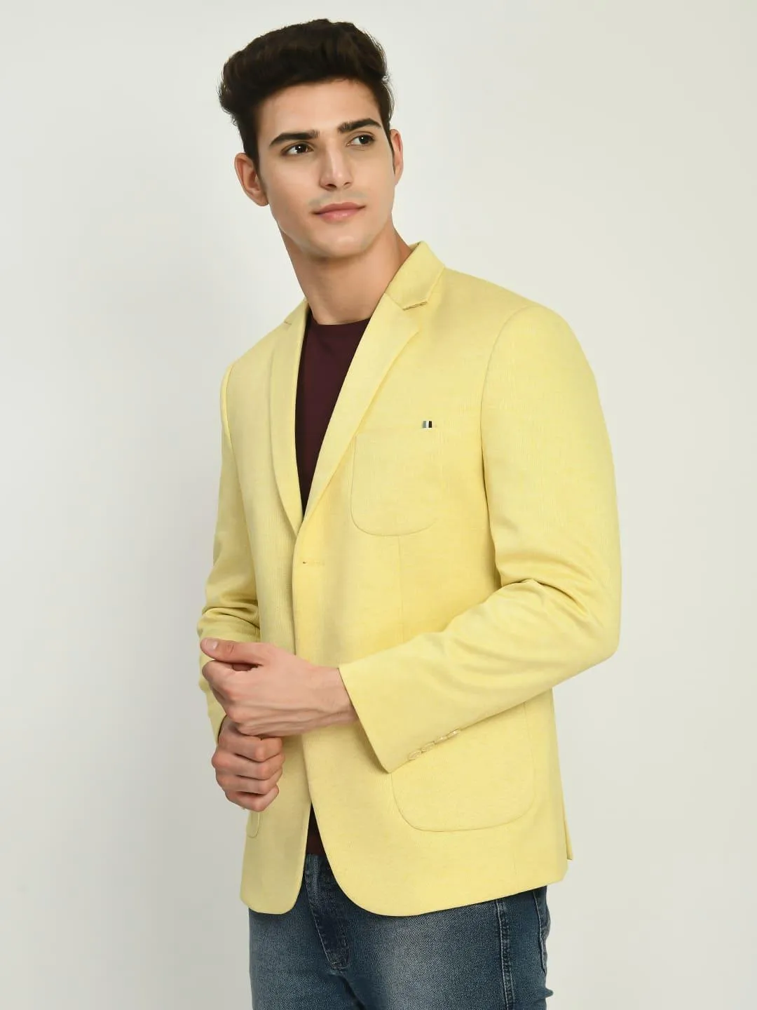 Yellow Slim Fit Knit Casual Blazer