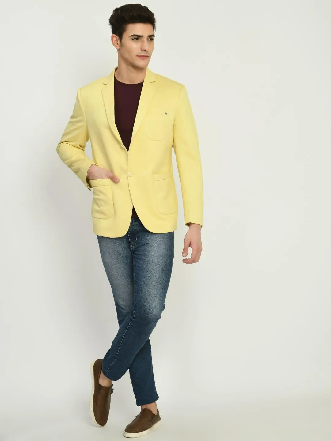 Yellow Slim Fit Knit Casual Blazer